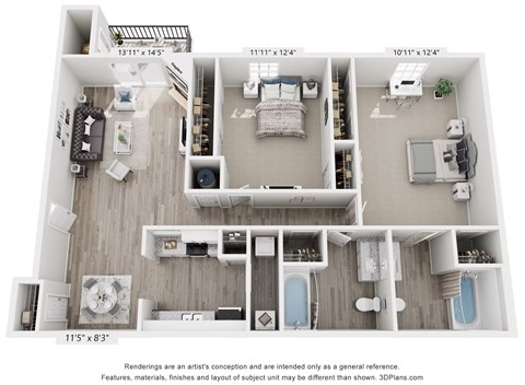 Floor plan for 2 beds, 2 baths, 1264 sqft